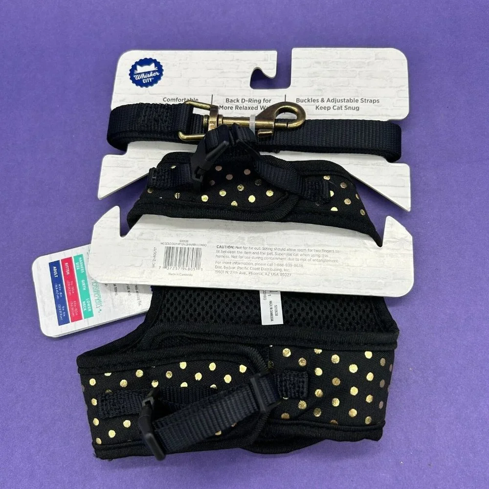 NWT Whisker City Cat Vest Harness & Leash -Black w/ Gold Polka Dot- Size Kitten